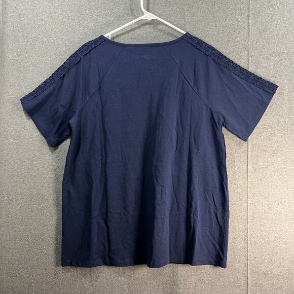 Denim & Co. Jersey Split V-Neck Short Sleeve Top w/ Lace Trim Navy, Medium - Picture 2 of 9